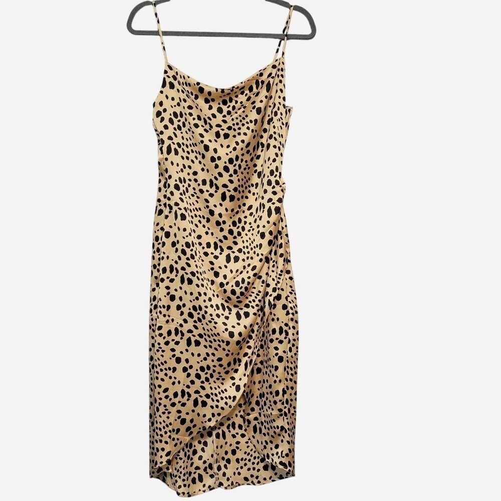 Le Lis Women's M Black Beige Animal Print Satin Like Midi Draped Rouched Dress